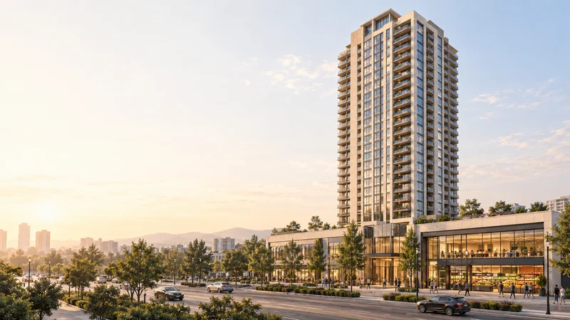 Illustrative mixed-use tower and grocery podium
