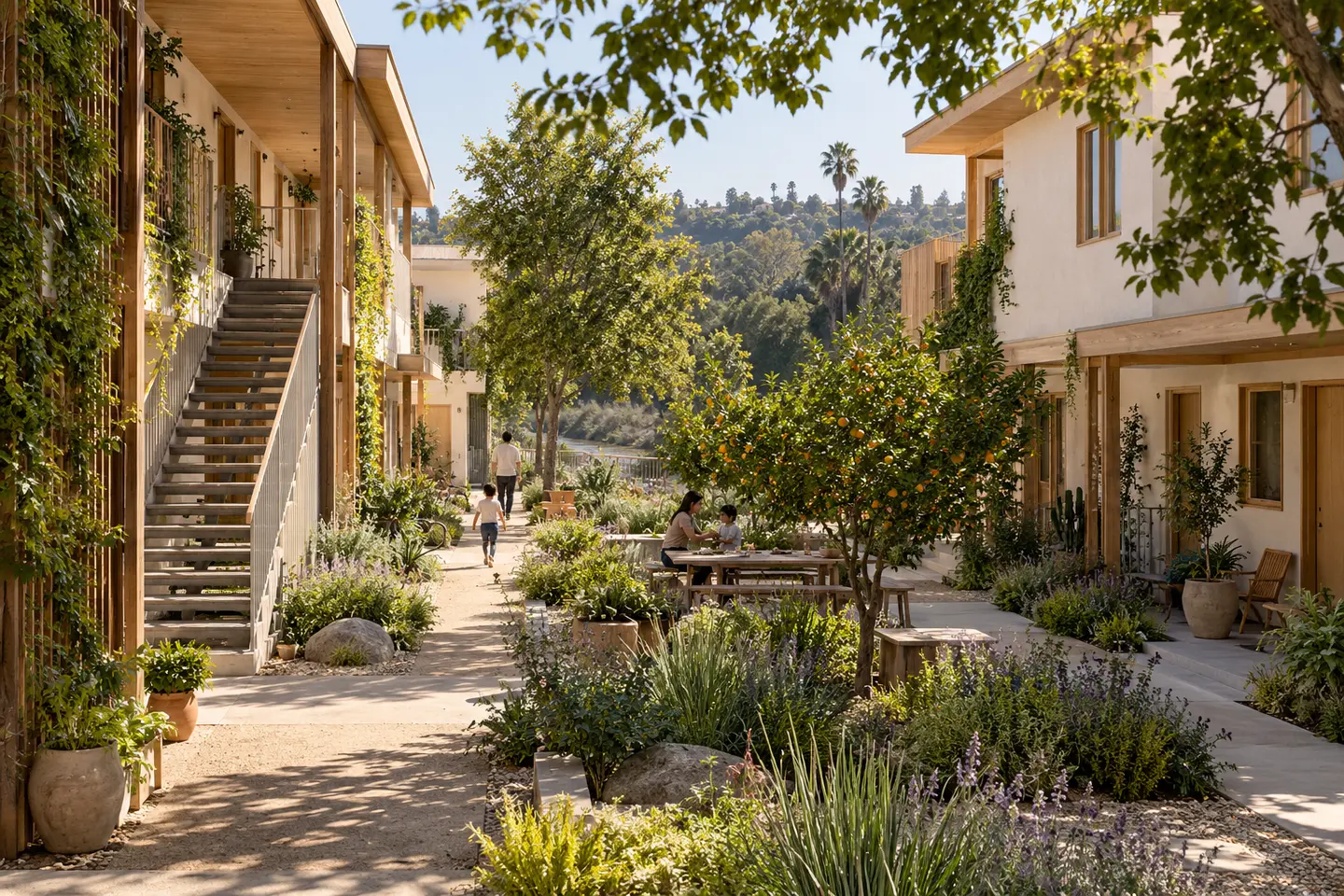 AI concept illustration for Riverwalk courtyard homes